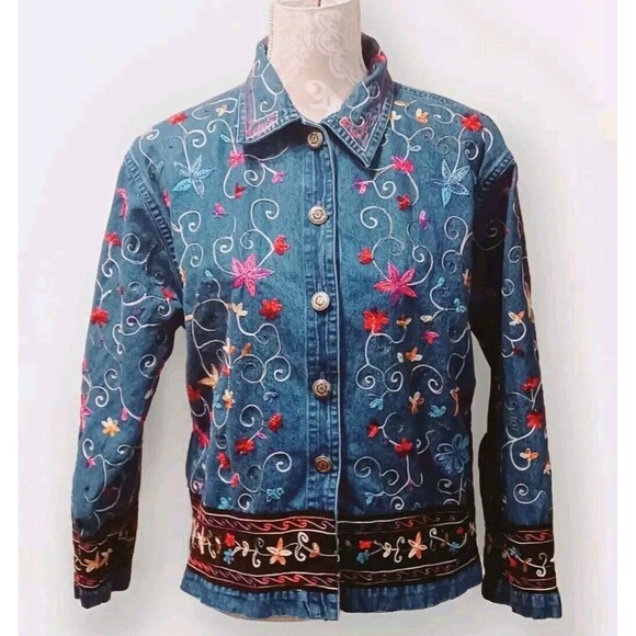 Life style Floral Embroidered Bohemian  Hippie Denim Jacket Size Medium - Picture 1 of 7